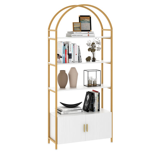 Mercer41 Gretlies Gold Bookshelf Arched Bookcase With Doors Hidden Storage Luxury Sideboard